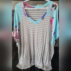 Floral Sleeve Striped Women's Top